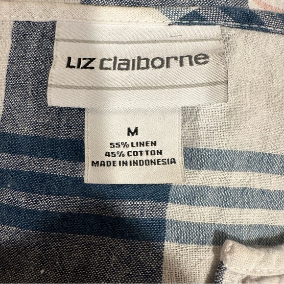 Liz‎ Claiborne Plaid Linen Blend Blouse | M Blue White Tunic Sleeve Tie - Picture 9 of 10